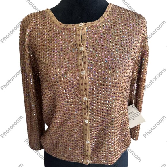 Joseph A. NWT Vintage Silk Dark Tan Sequined 3/4 Sleeve Button Cardigan Medium - Picture 1 of 5